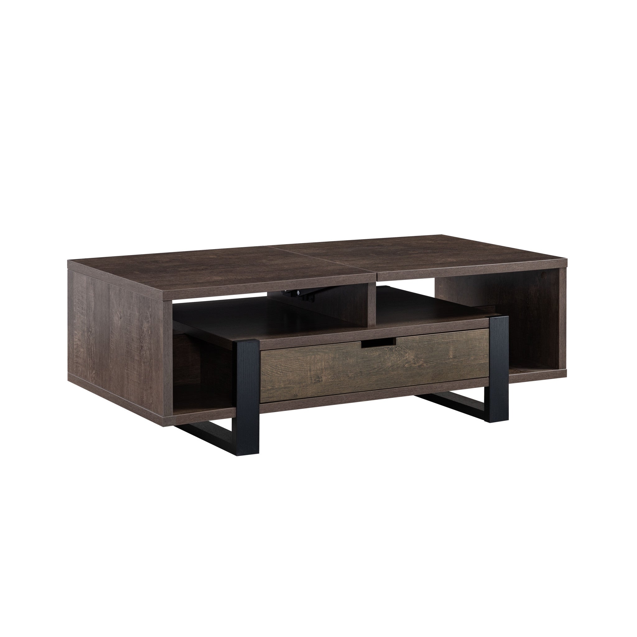 47" Brown And Black Wood Lift Top Coffee Table With Drawer And Shelf