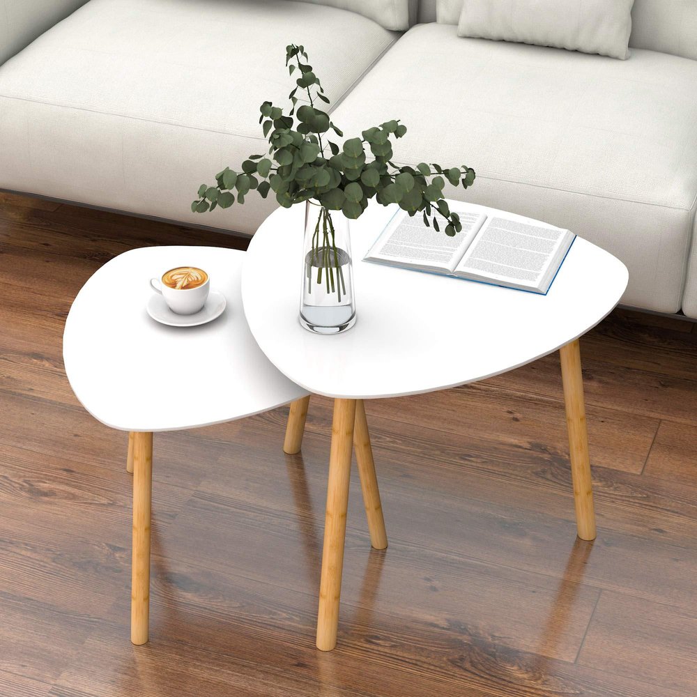 Set Of Two White and Natural Wood Triangle Nested Coffee Tables