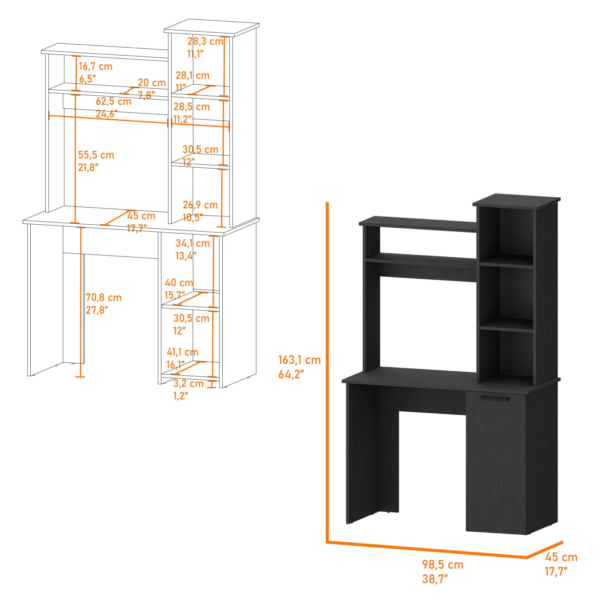 39" Black Computer Desk With Hutch