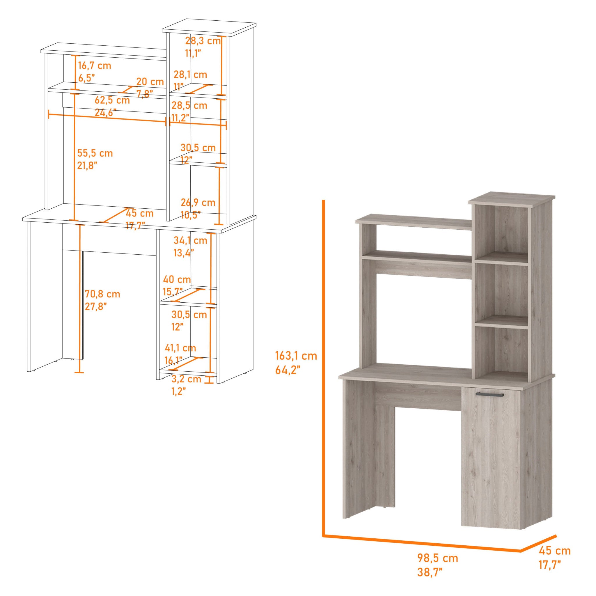 39" Gray Computer Desk With Hutch