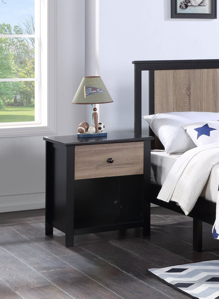 24" Black Solid Wood and Wood One Drawer Nightstand