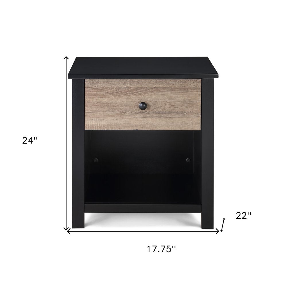 24" Black Solid Wood and Wood One Drawer Nightstand