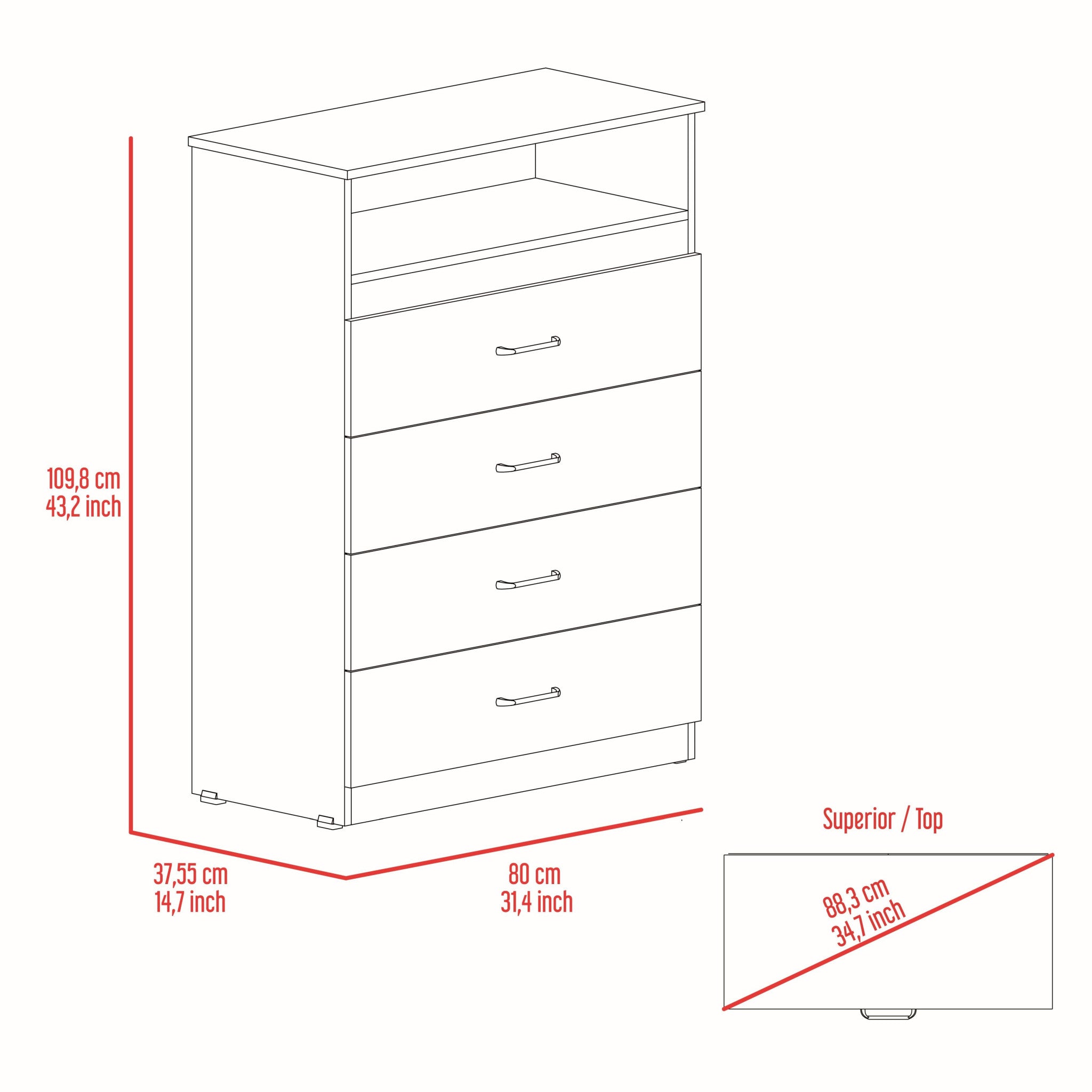 47" White Four Drawer Dresser