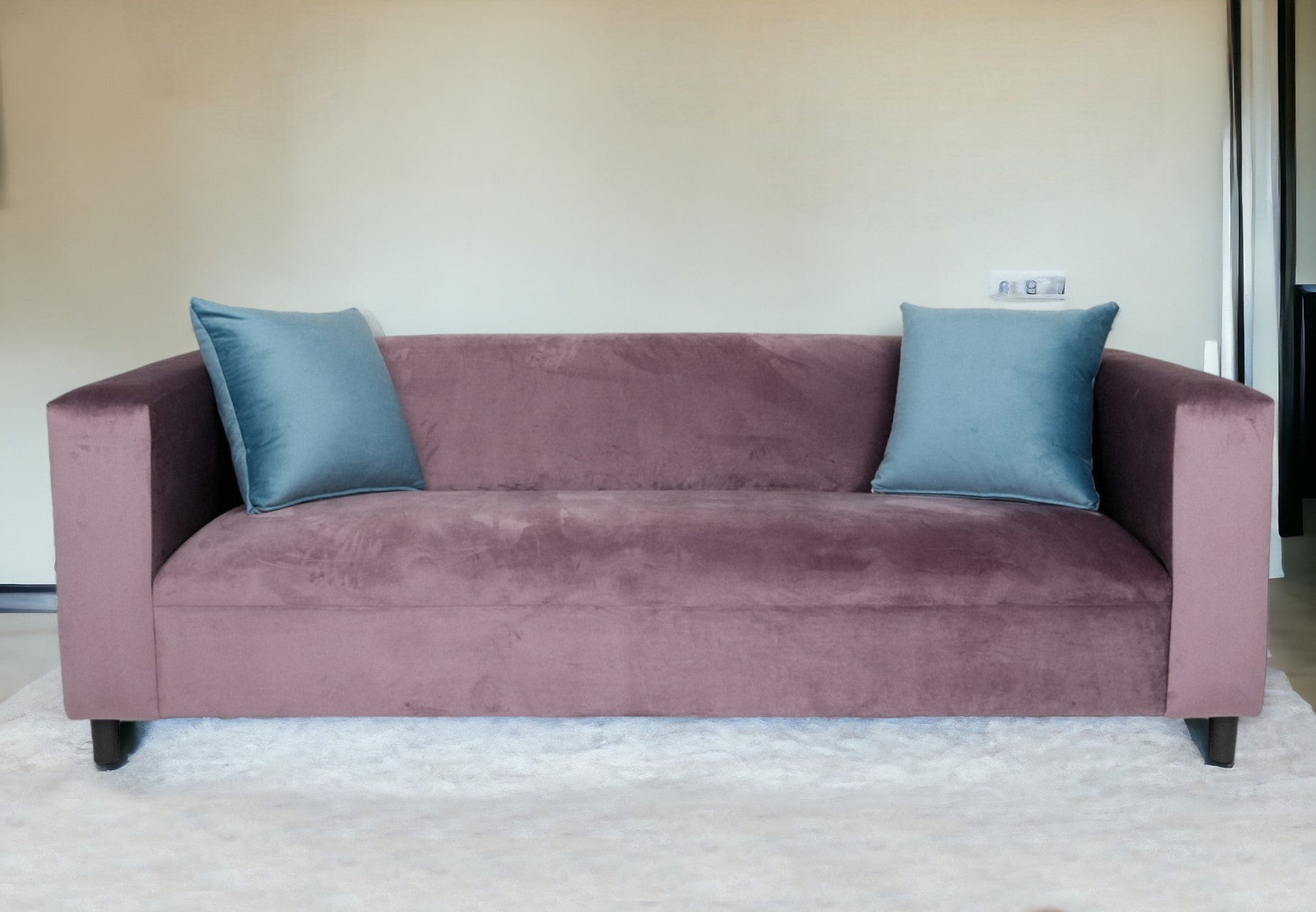 72" Lavender Velvet Sofa And Toss Pillows With Black Legs