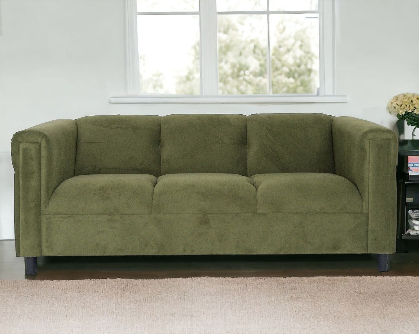 72" Moss Green Suede Sofa With Black Legs