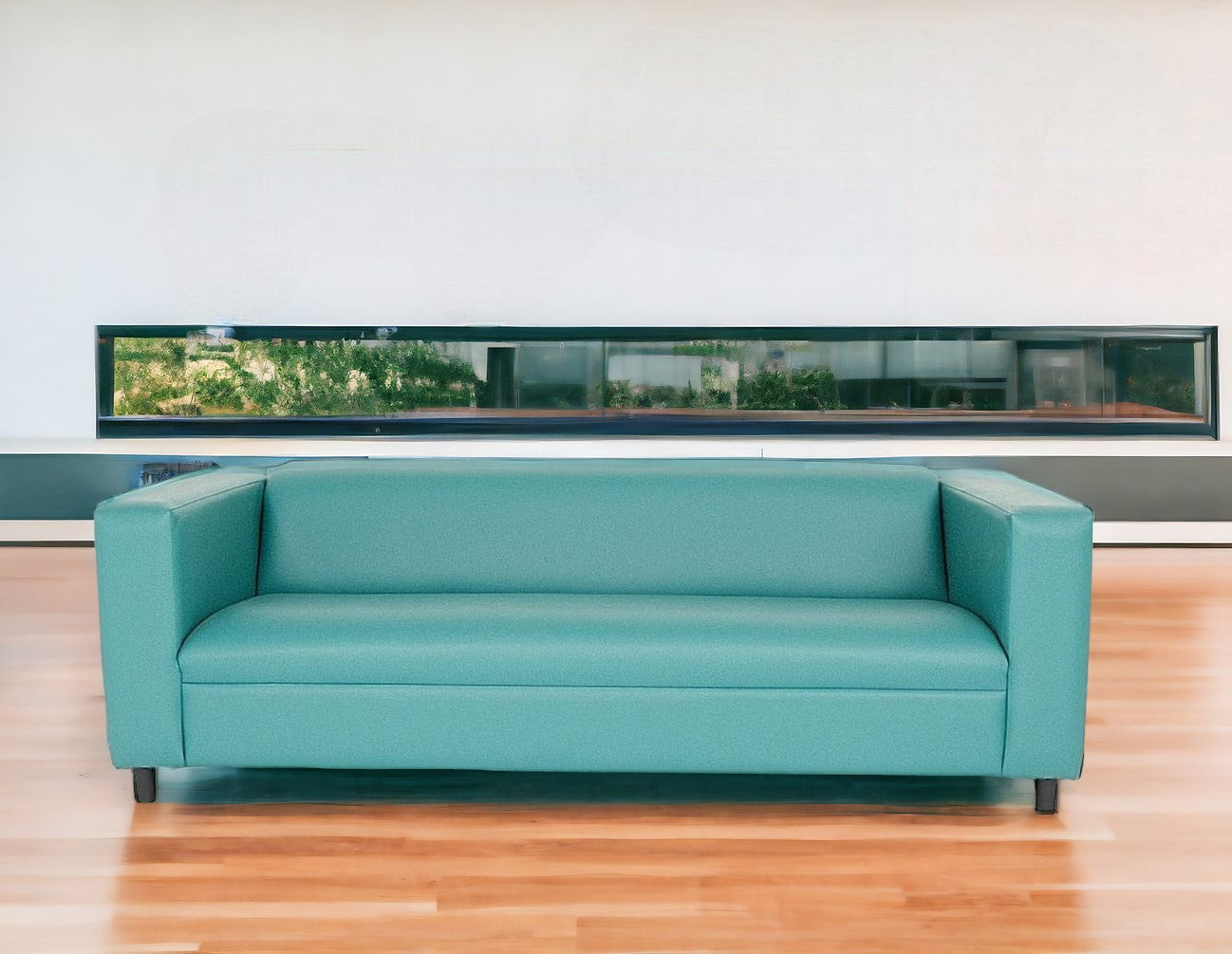 84" Blue Faux Leather Sofa With Black Legs