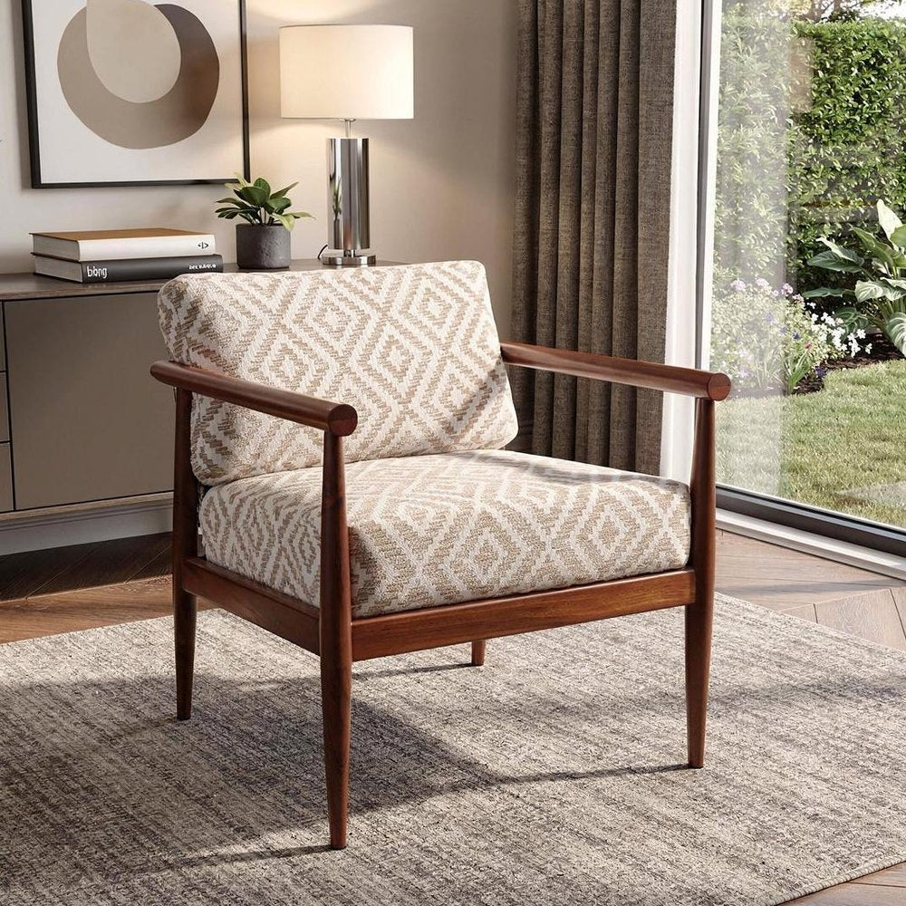 28" Beige and Brown Solid Wood Geometric Arm Chair