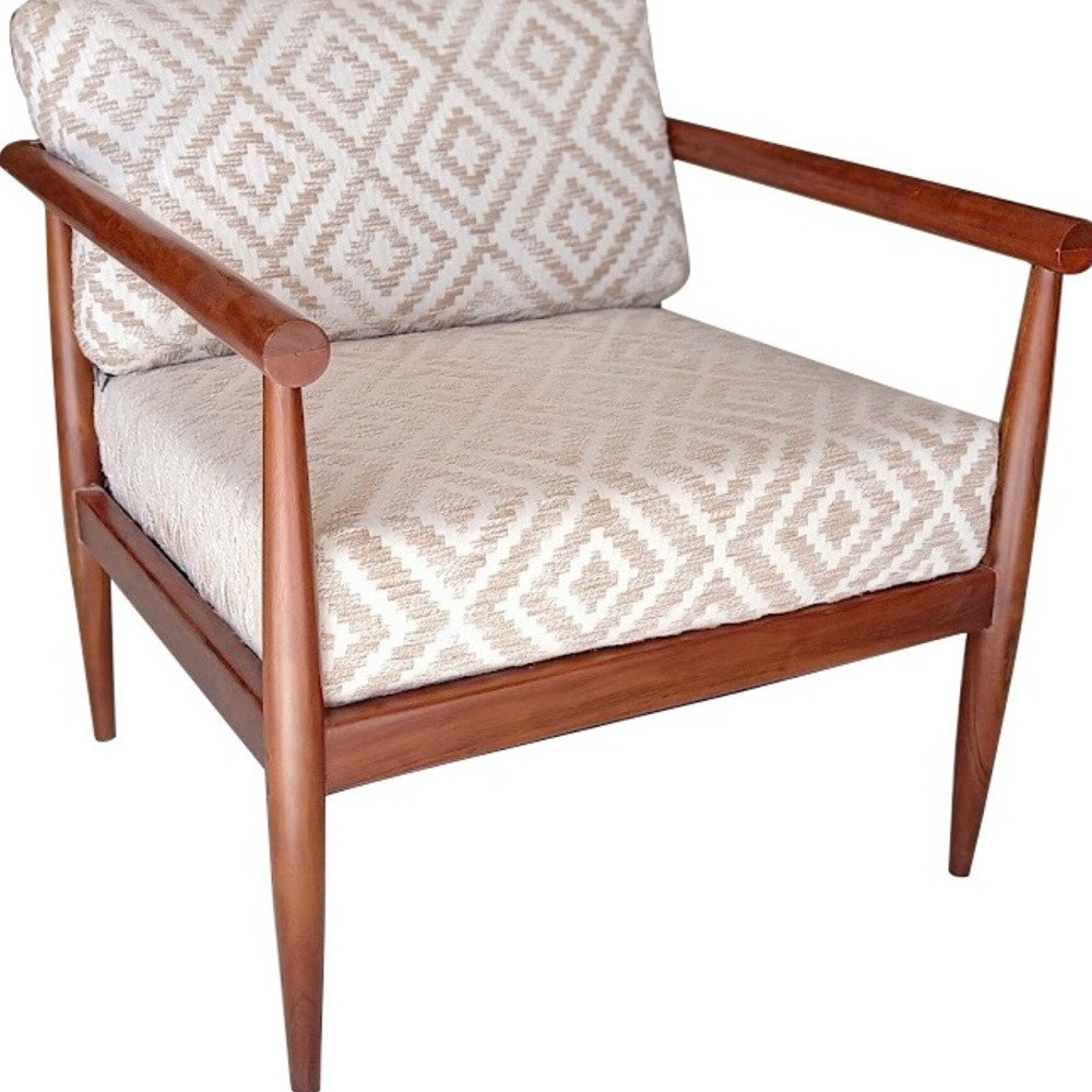 28" Beige and Brown Solid Wood Geometric Arm Chair