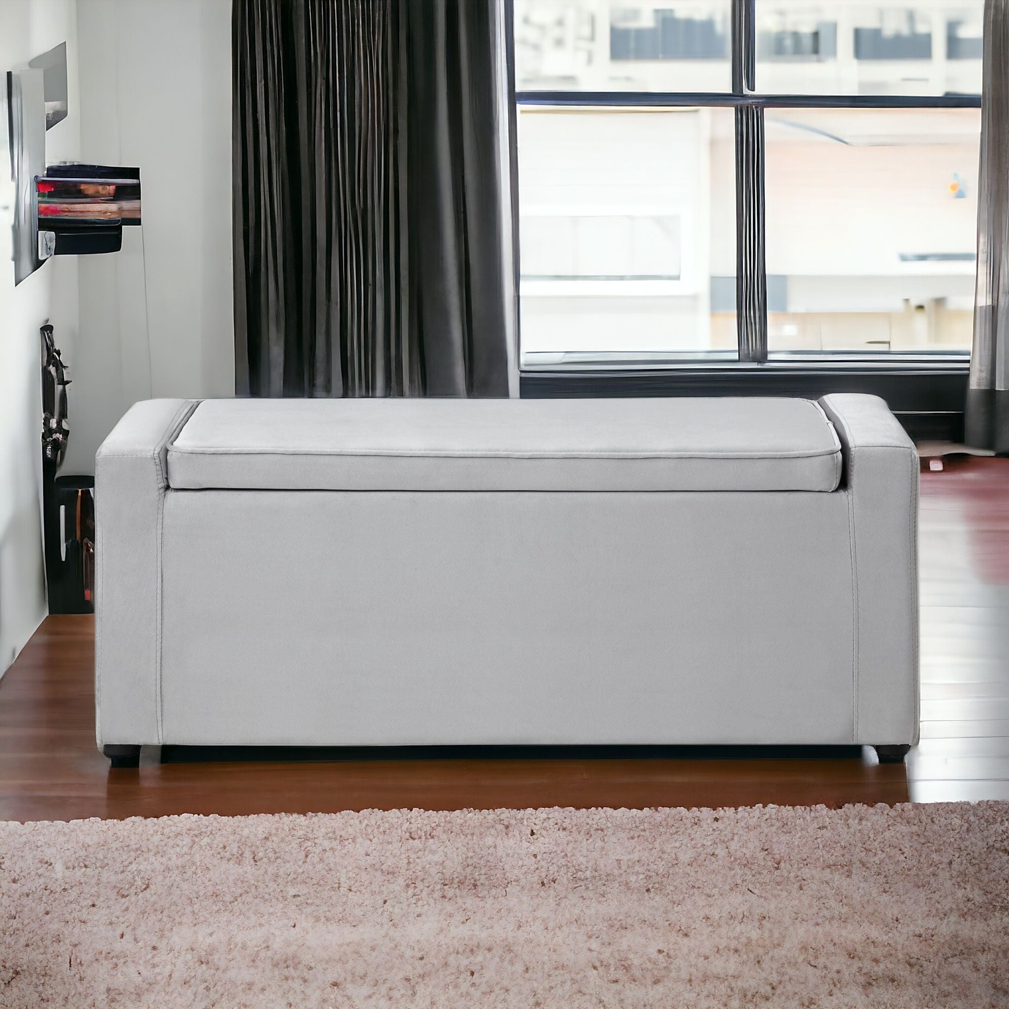 47" Gray and Black Upholstered Velvet Bench with Flip top