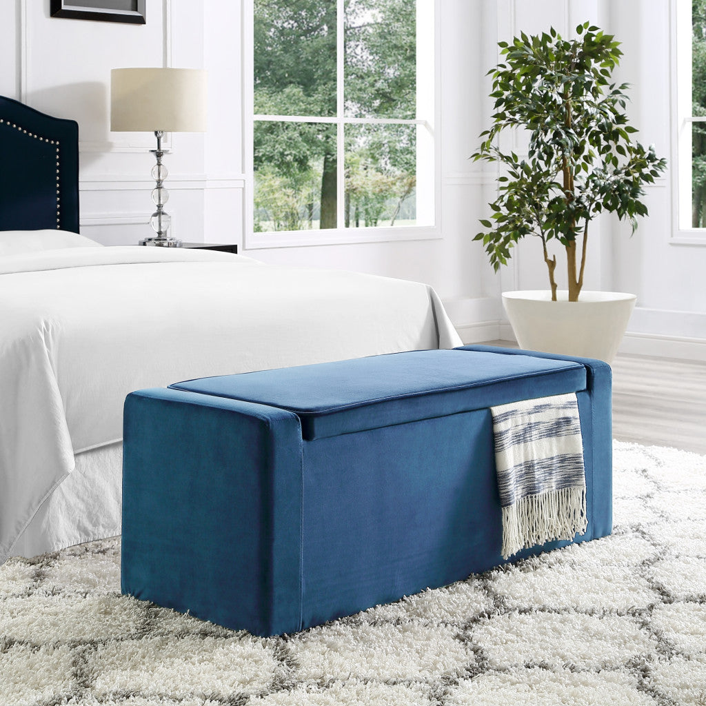 47" Navy Blue and Black Upholstered Velvet Bench with Flip top, Shoe Storage