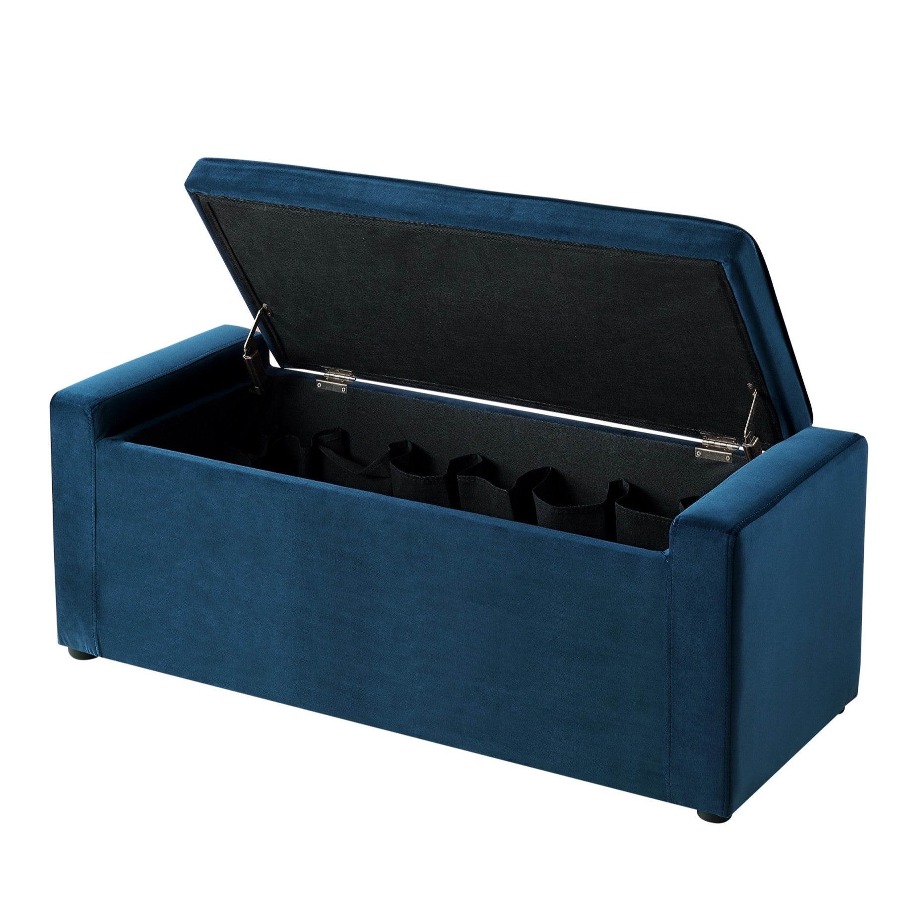 47" Navy Blue and Black Upholstered Velvet Bench with Flip top, Shoe Storage