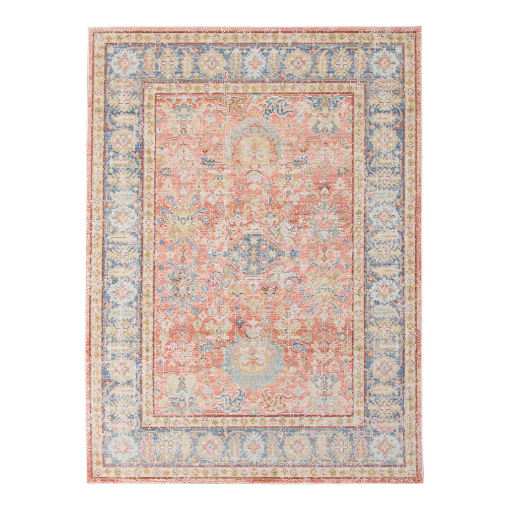 9' X 13' Coral And Blue Oriental Area Rug