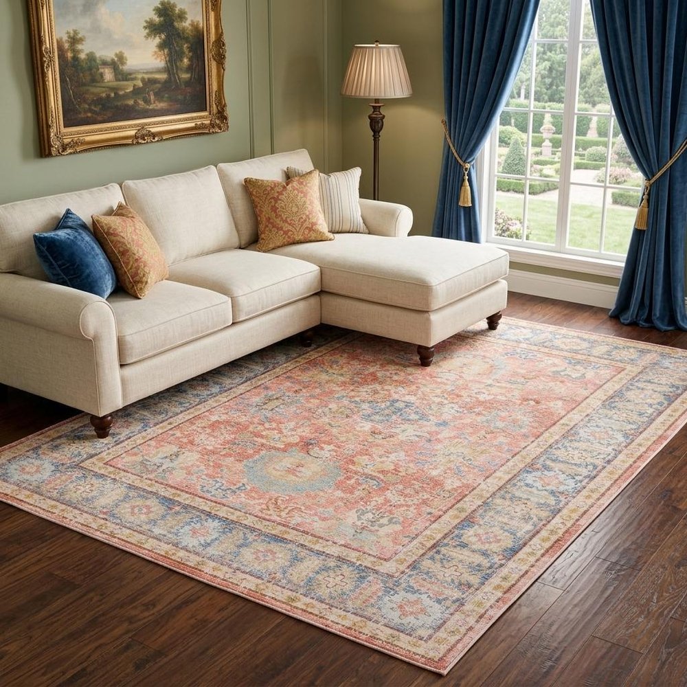 9' X 13' Coral And Blue Oriental Area Rug