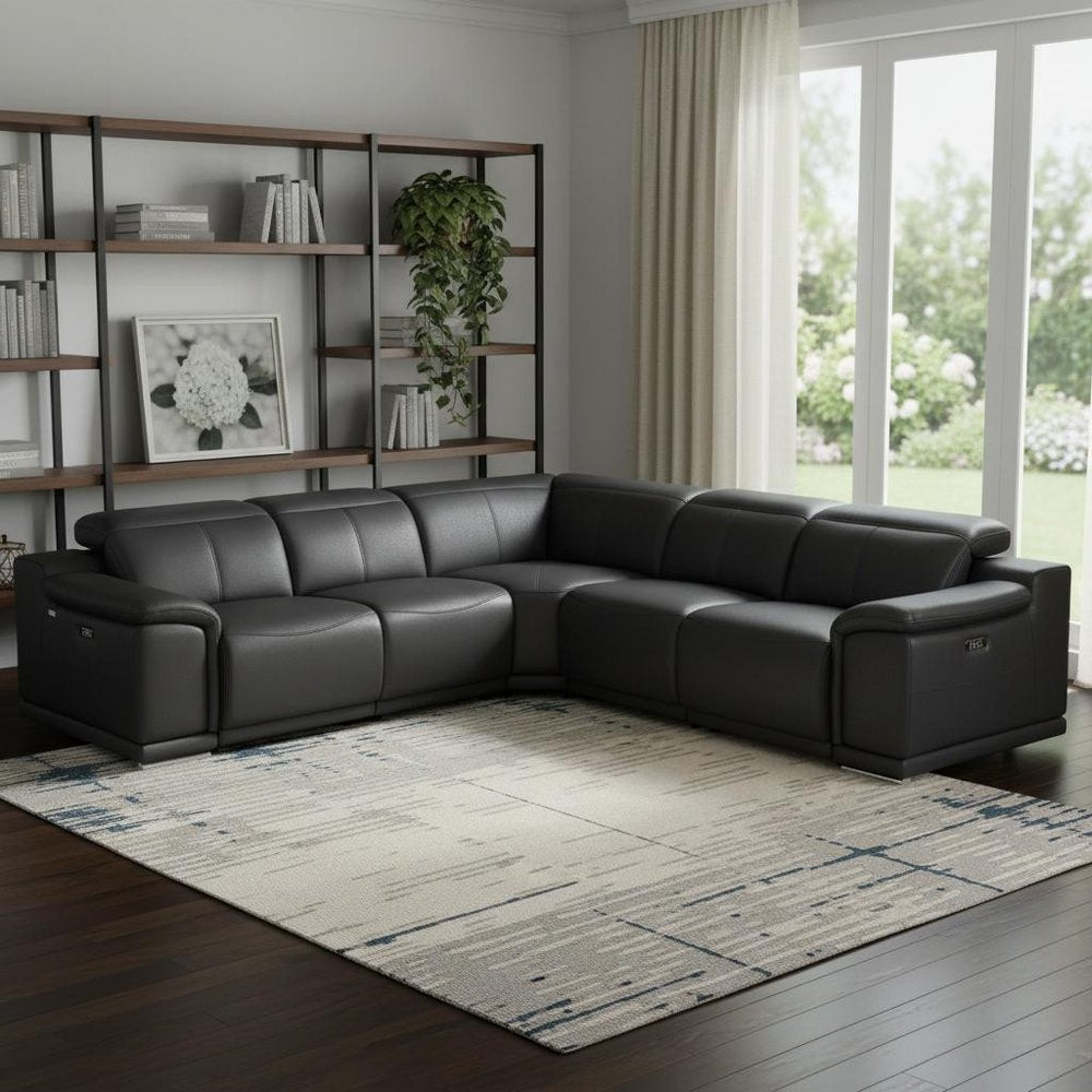 Black Italian Leather Modular L Shaped Five Piece Corner Sectional