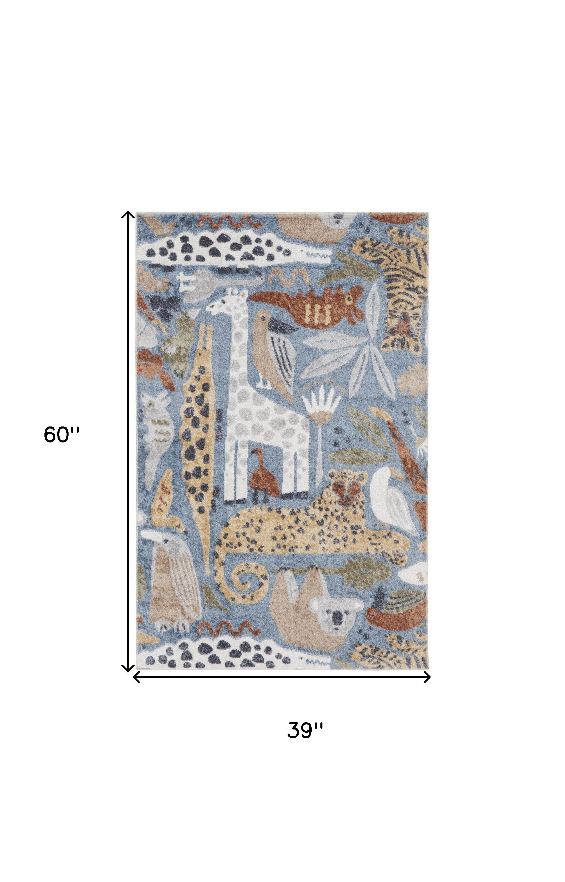 3' X 5' Ivory Blue and Gray Kids Safar Animal Print Washable Area Rug