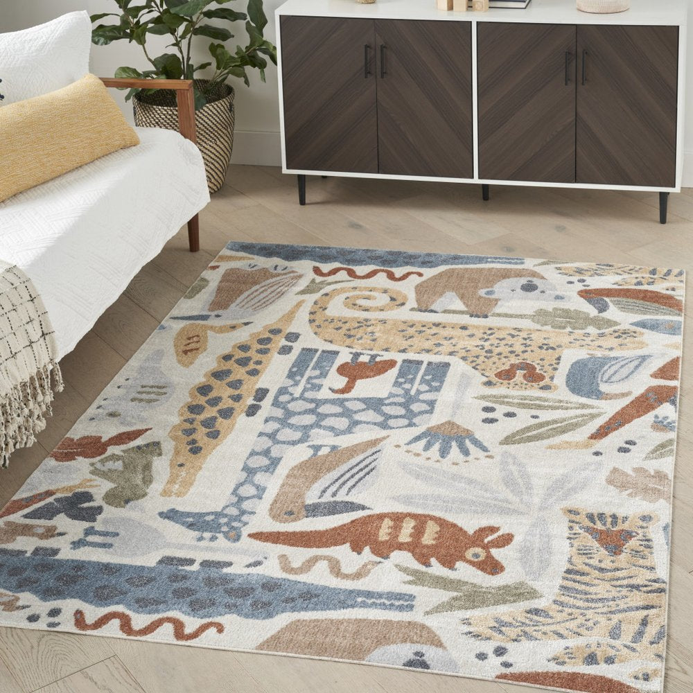 5' X 7' Ivory Blue and Gray Animal Print Washable Area Rug