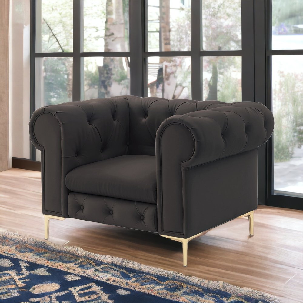 34" Brown And Gold Faux Leather Tufted Chesterfield Chair