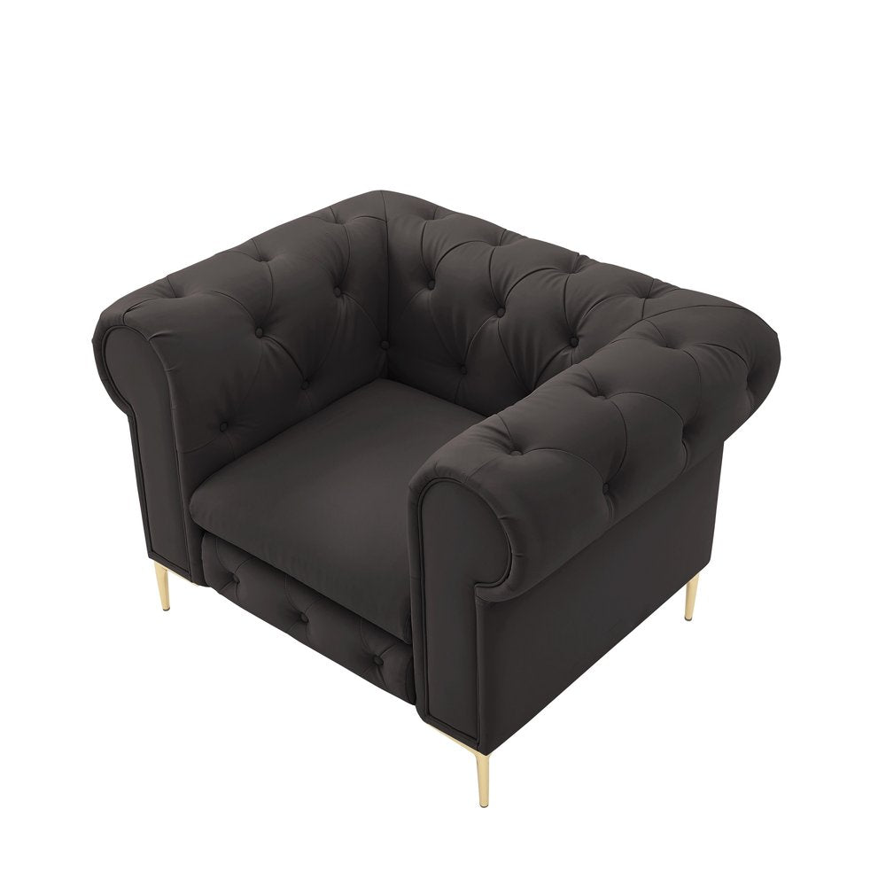 34" Brown And Gold Faux Leather Tufted Chesterfield Chair