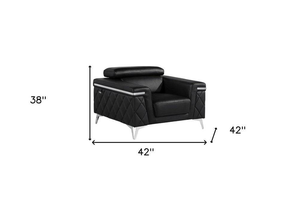 42" Black And Silver Top Grain Leather Club Chair