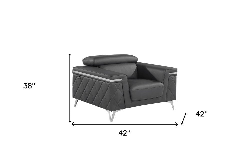 42" Black And Silver Top Grain Leather Club Chair