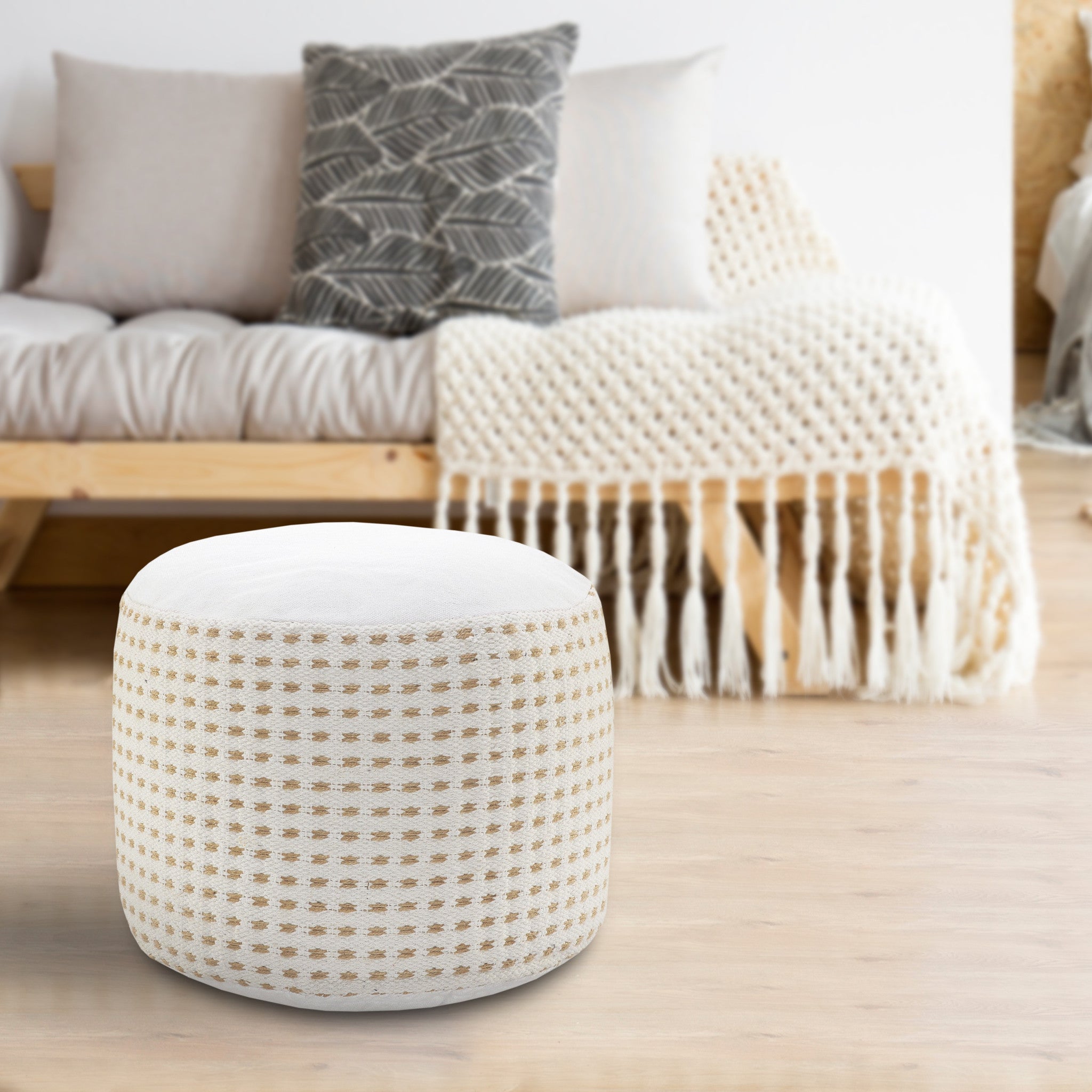 18" White Jute Round Geometric Pouf Ottoman