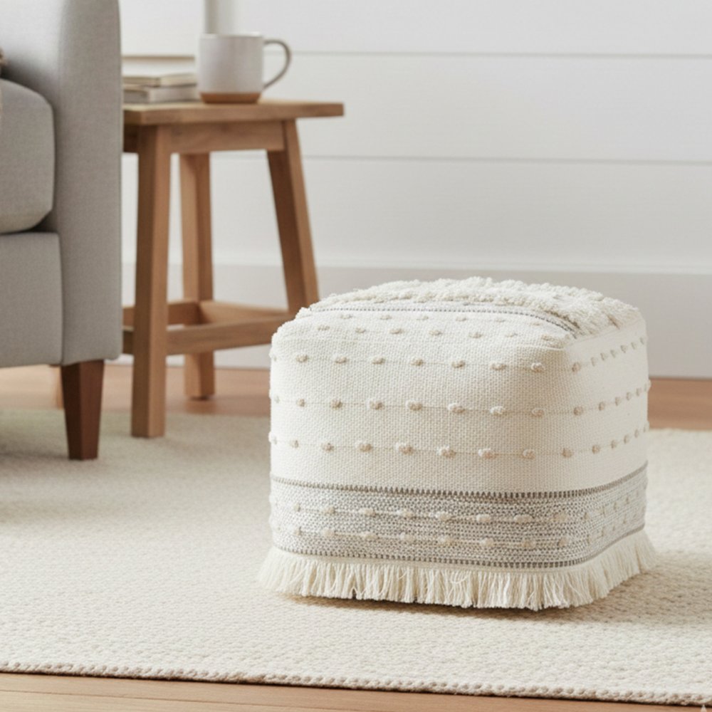 18" Cream Cotton Striped Pouf Ottoman