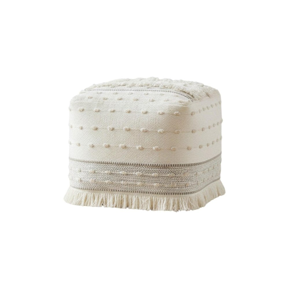 18" Cream Cotton Striped Pouf Ottoman