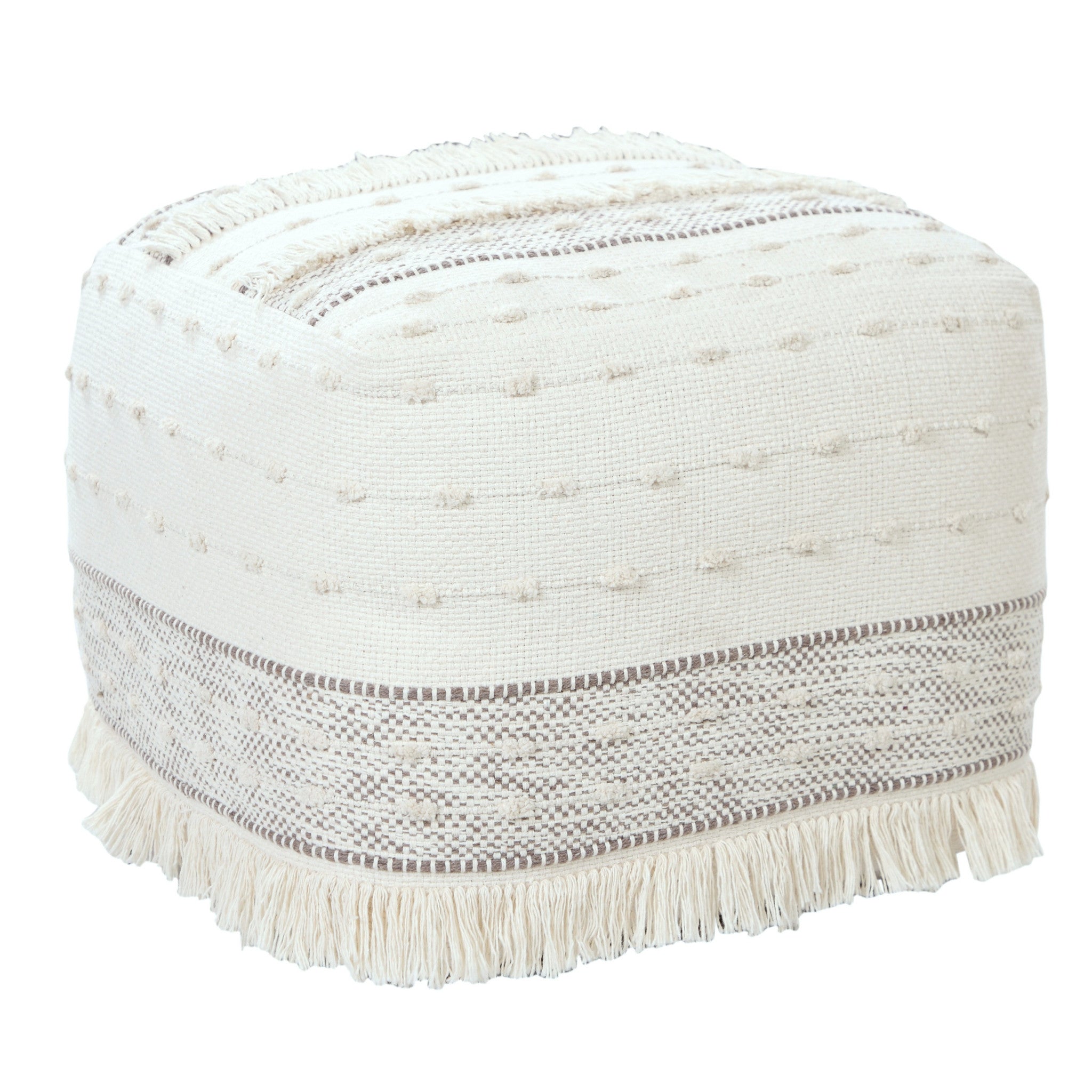 18" Cream Cotton Striped Pouf Ottoman