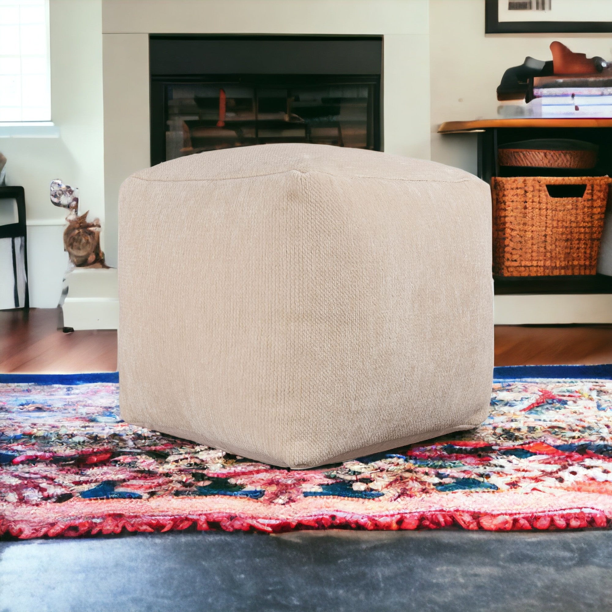 18" Ivory Chenille Cube Pouf Ottoman