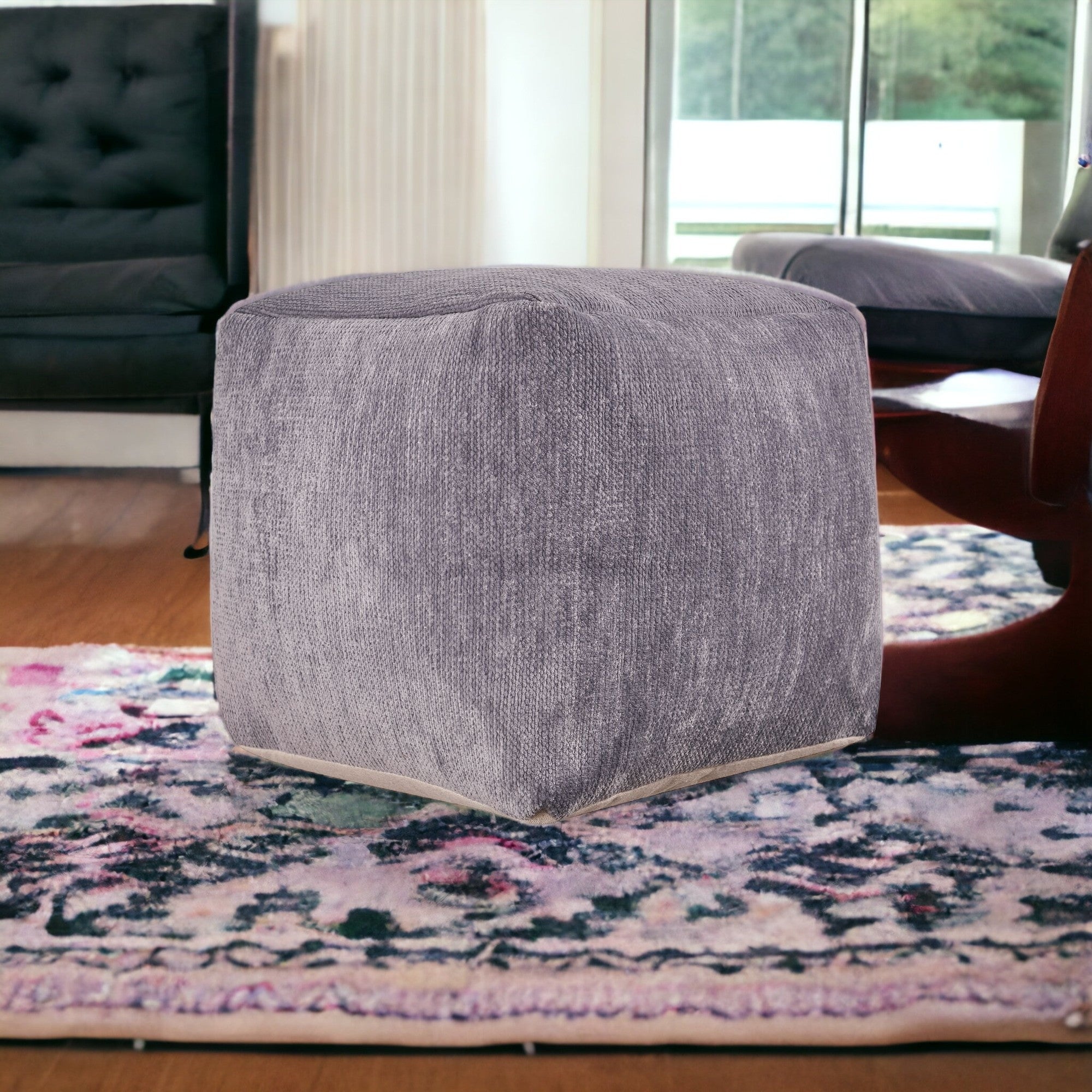 18" Blue Chenille Cube Pouf Ottoman