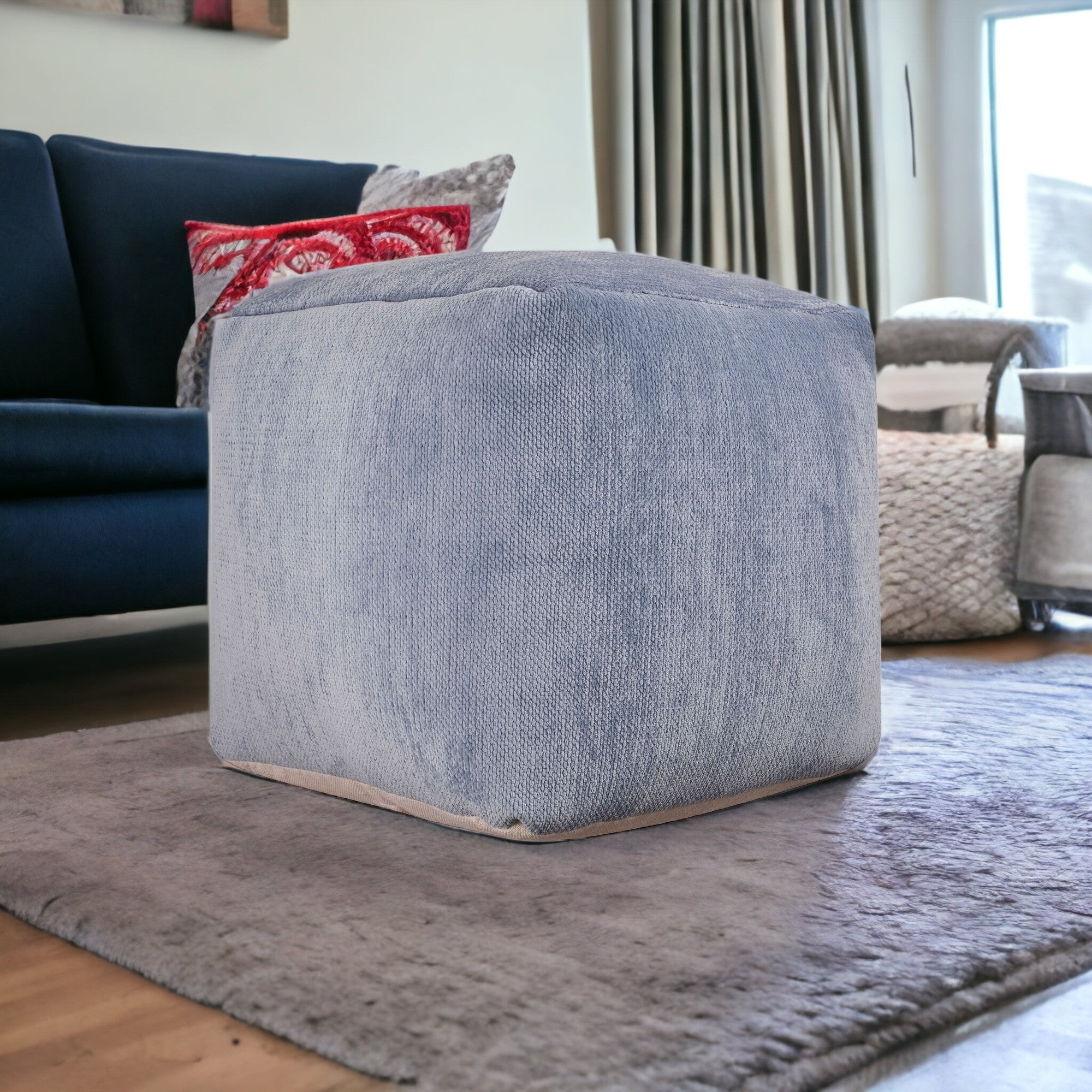 18" Blue Chenille Cube Pouf Ottoman