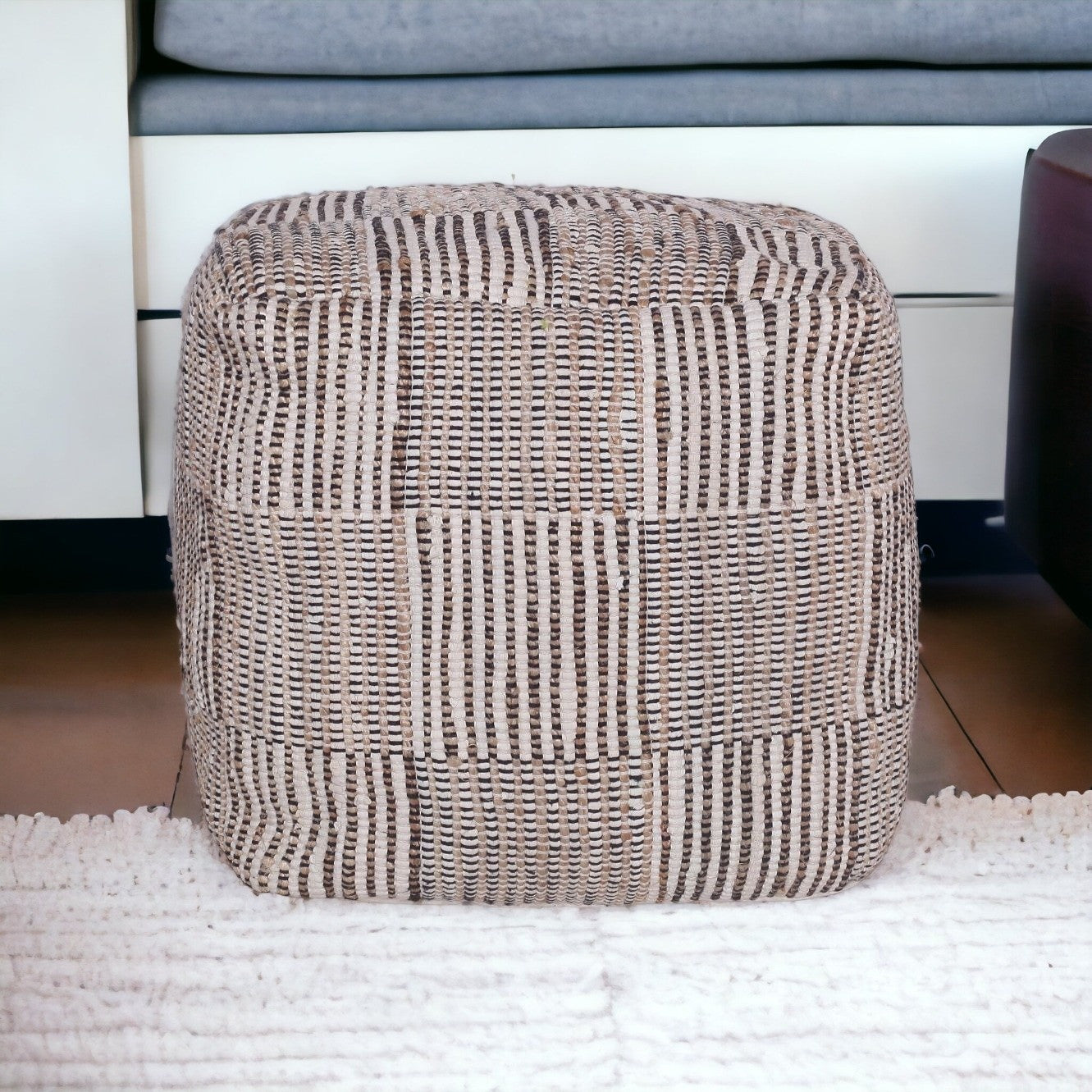 18" Brown Cotton Cube Geometric Pouf Ottoman