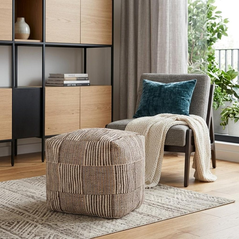 18" Brown Cotton Cube Geometric Pouf Ottoman