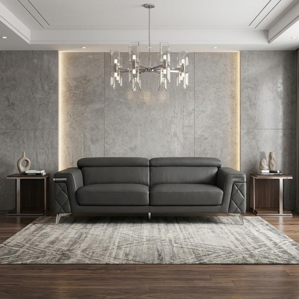 89" Black Italian Leather Sofa With Silver Legs
