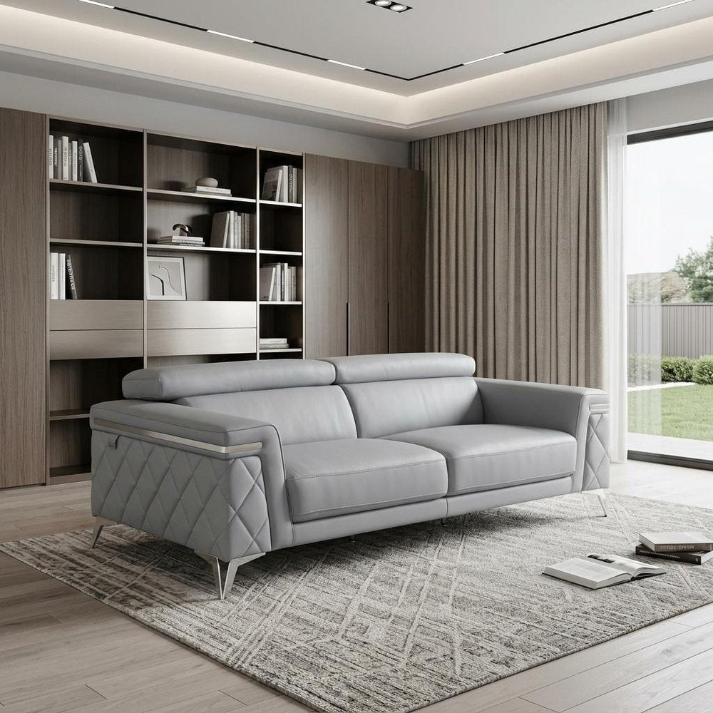 89" Black Italian Leather Sofa With Silver Legs