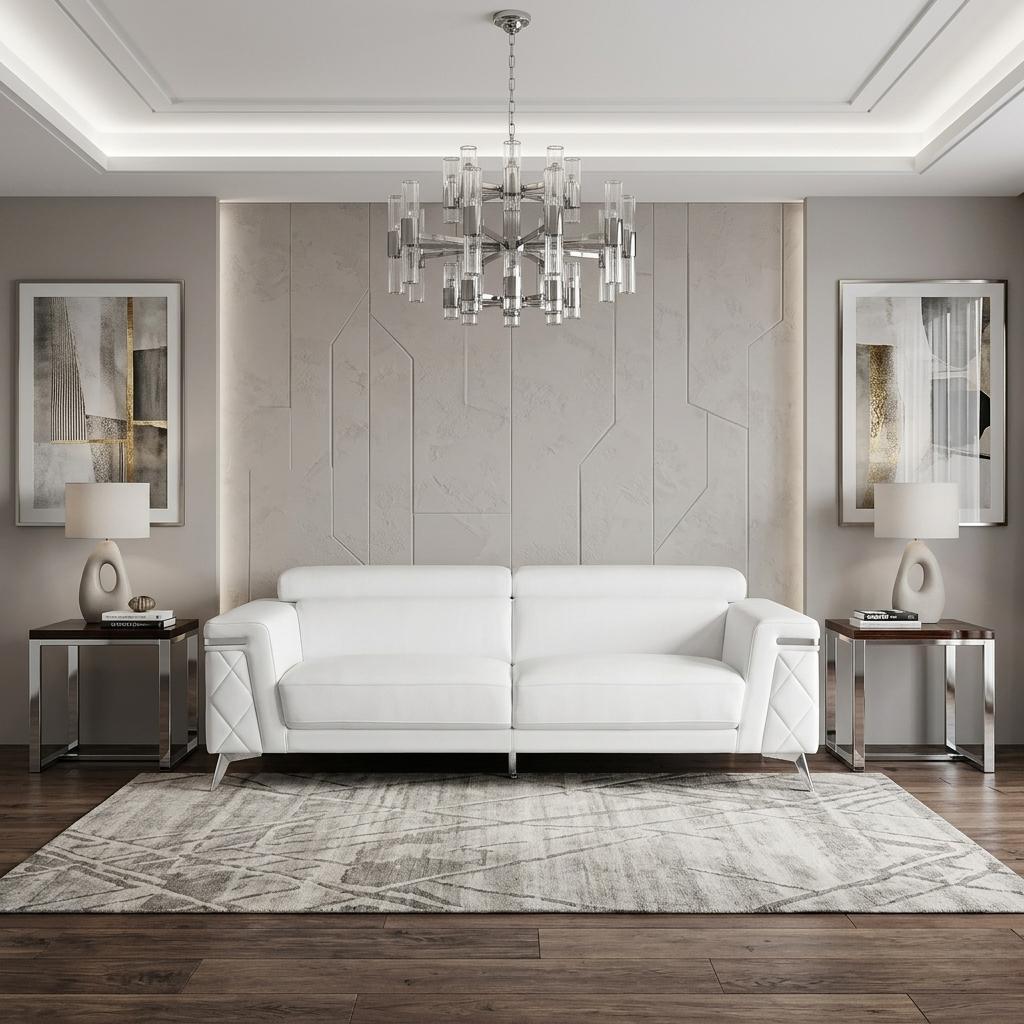89" White Italian Leather Sofa With Silver Legs