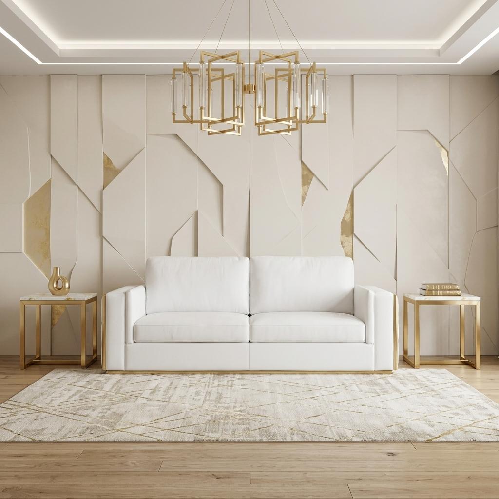 89" White Italian Leather Sofa With Brass Legs