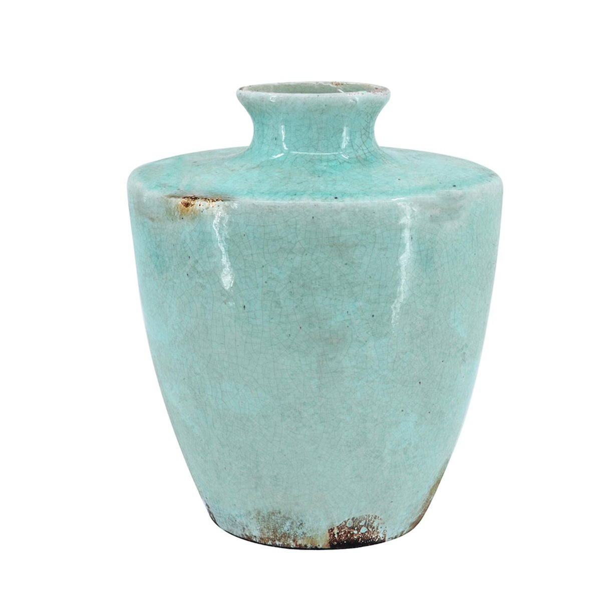 12" Aqua Terracotta Crackle Glaze Round Table Vase