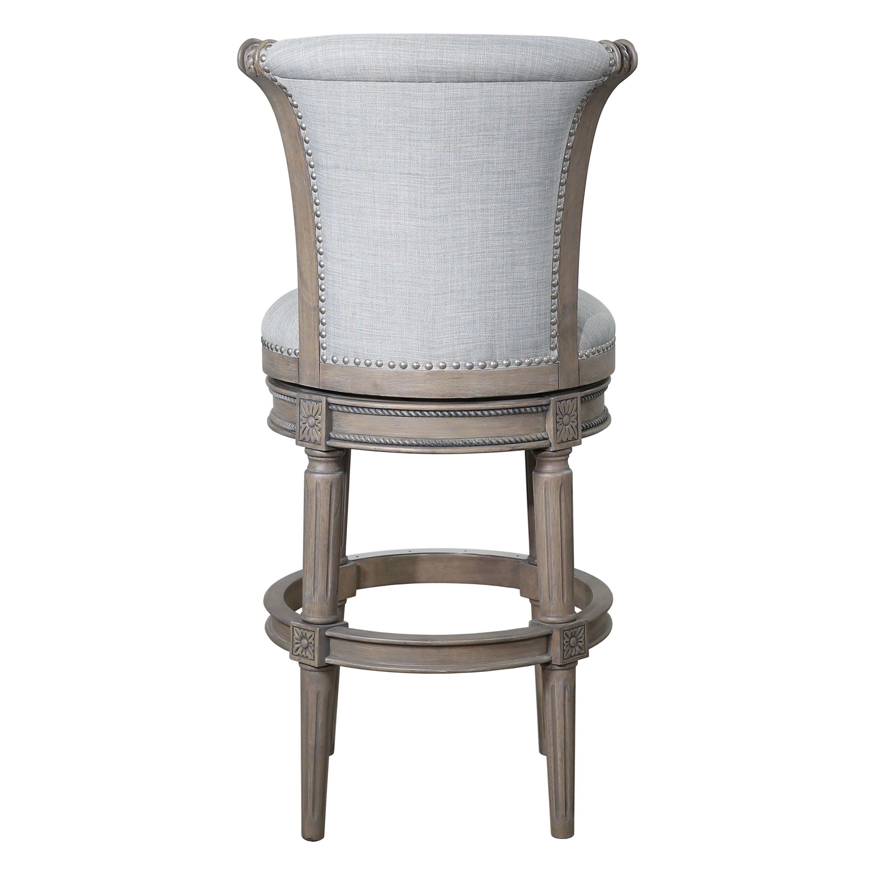 30" Gray Linen And Solid Wood Bar Height Swivel Bar Chair