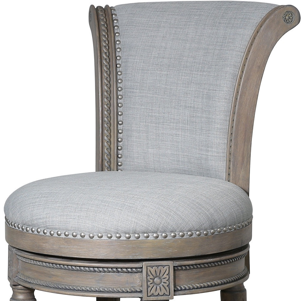 30" Gray Linen And Solid Wood Bar Height Swivel Bar Chair