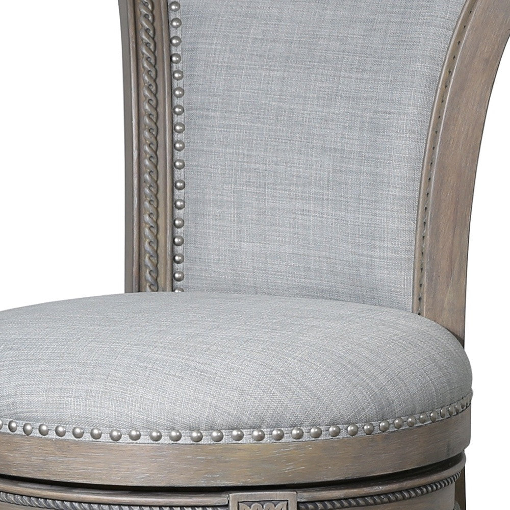30" Gray Linen And Solid Wood Bar Height Swivel Bar Chair