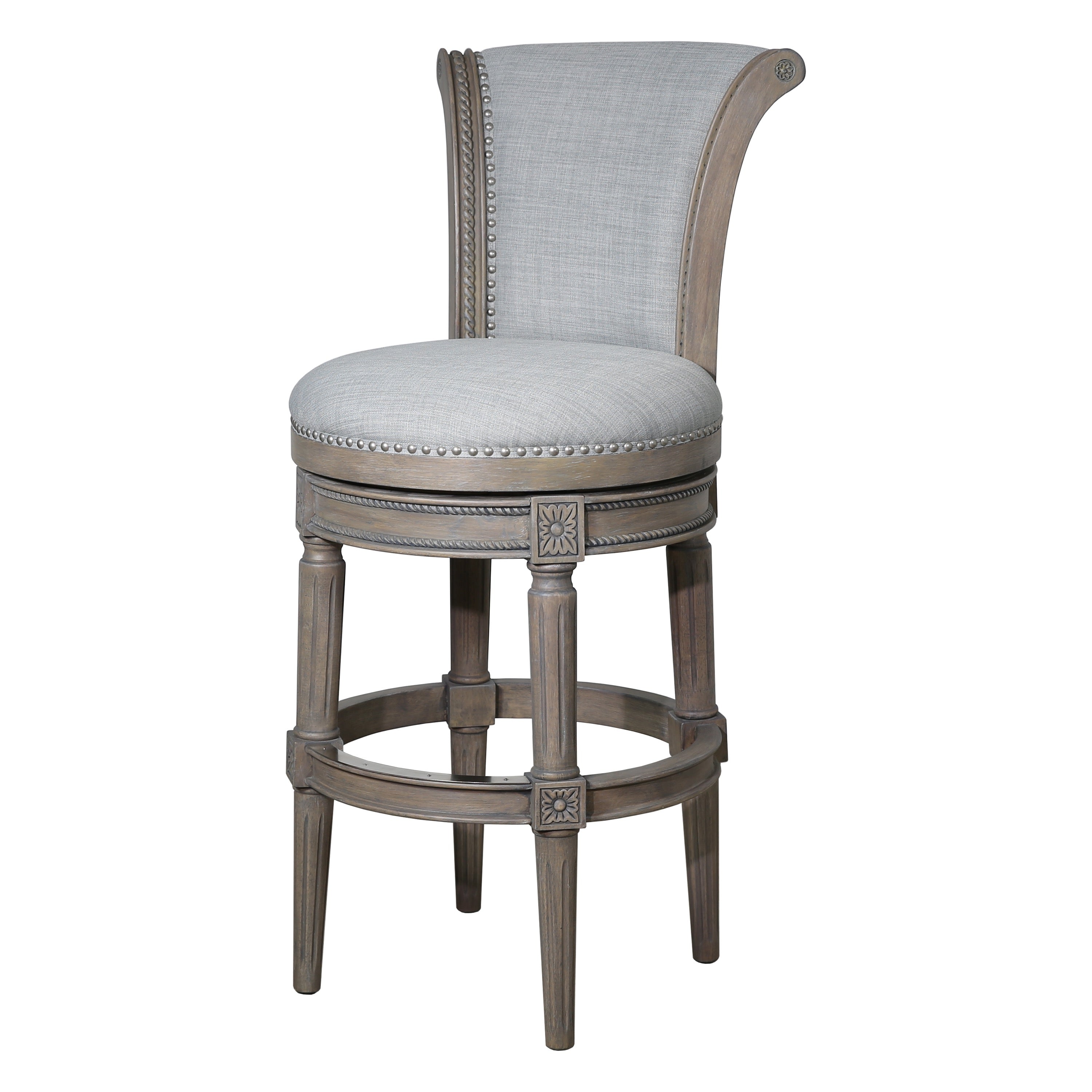 30" Gray Linen And Solid Wood Bar Height Swivel Bar Chair