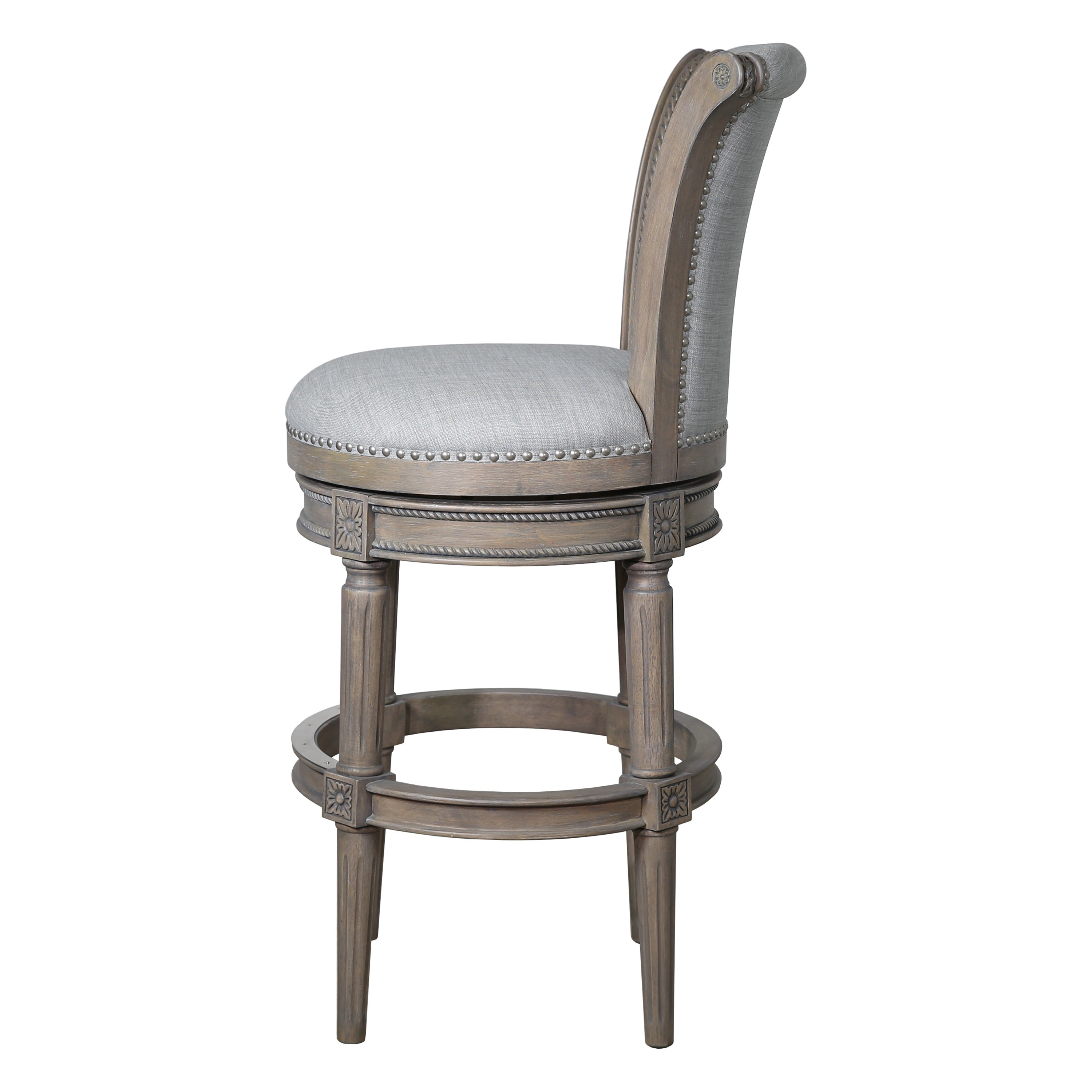 30" Gray Linen And Solid Wood Bar Height Swivel Bar Chair