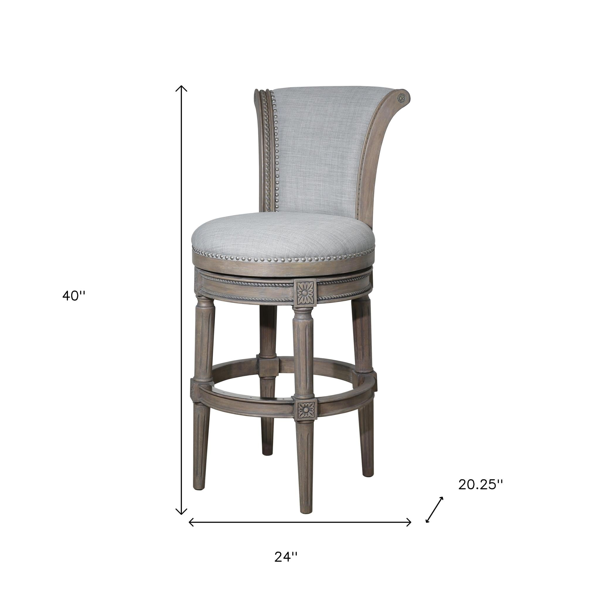 25" Gray Fabric And Solid Wood Counter Height Swivel Bar Chair