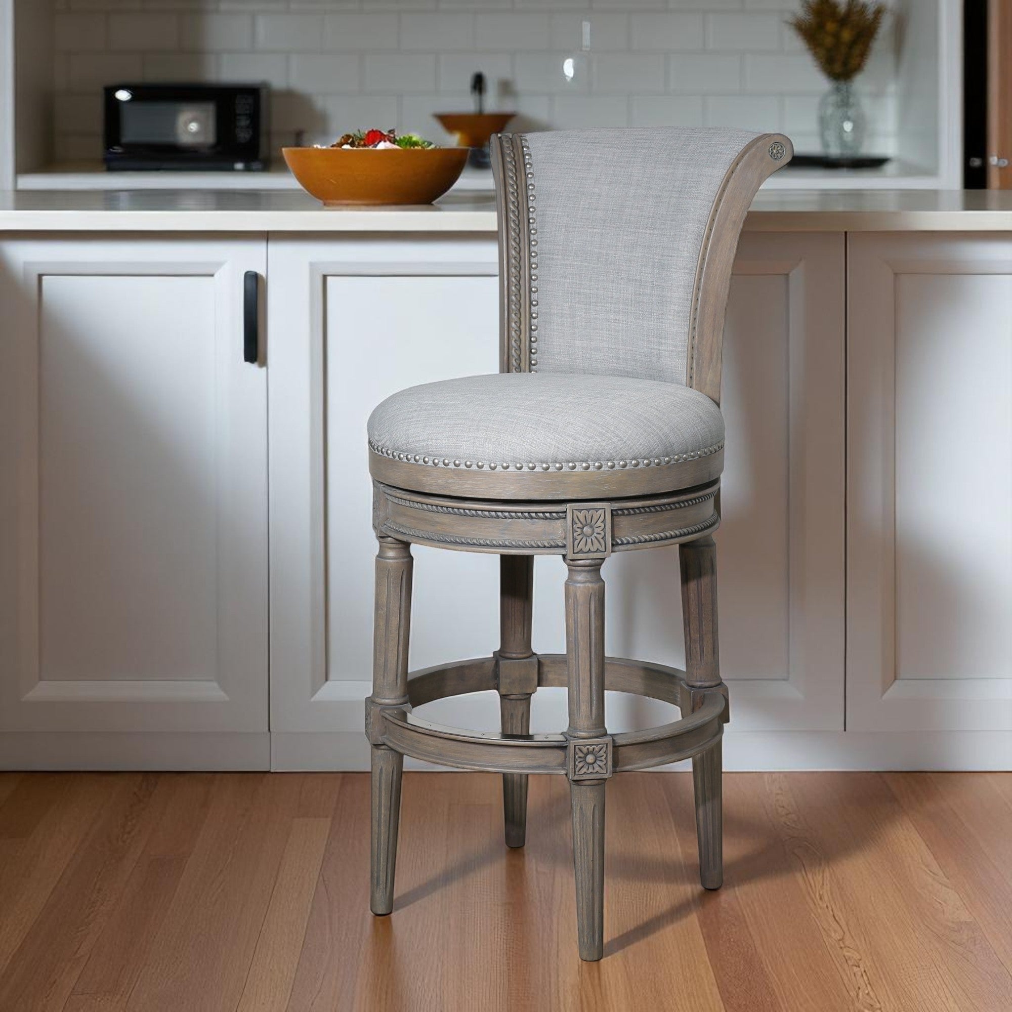 25" Gray Fabric And Solid Wood Counter Height Swivel Bar Chair