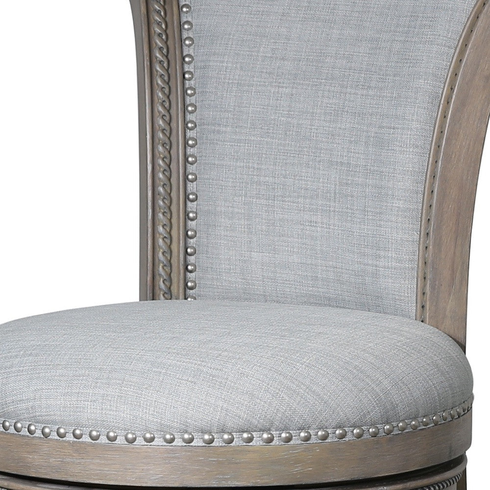 25" Gray Fabric And Solid Wood Counter Height Swivel Bar Chair