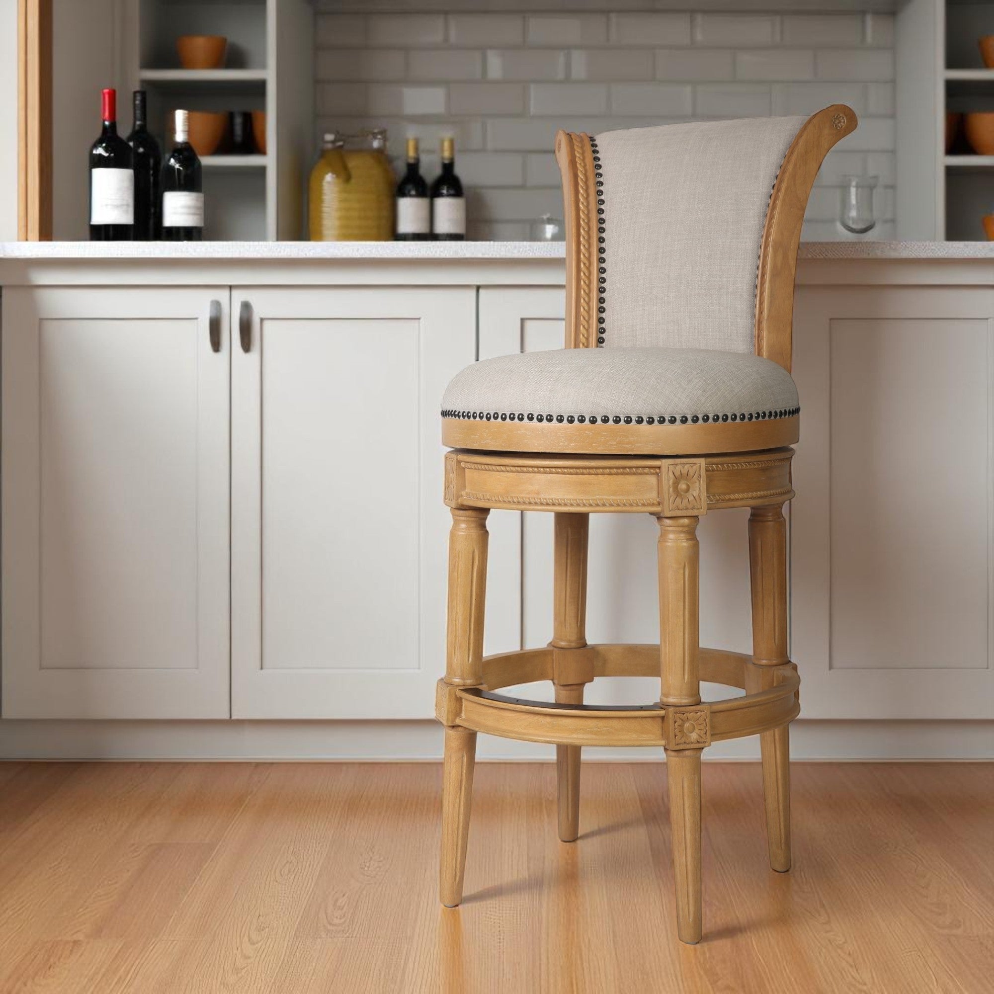 30" Beige And Natural Fabric And Solid Wood Bar Height Swivel Bar Chair
