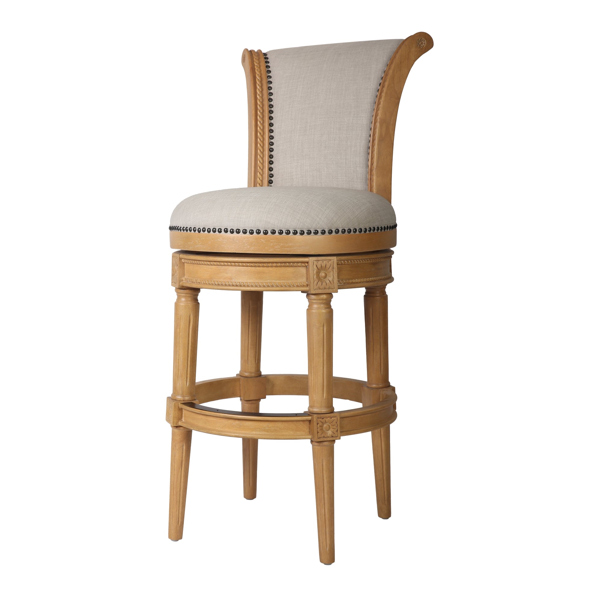 30" Beige And Natural Fabric And Solid Wood Bar Height Swivel Bar Chair