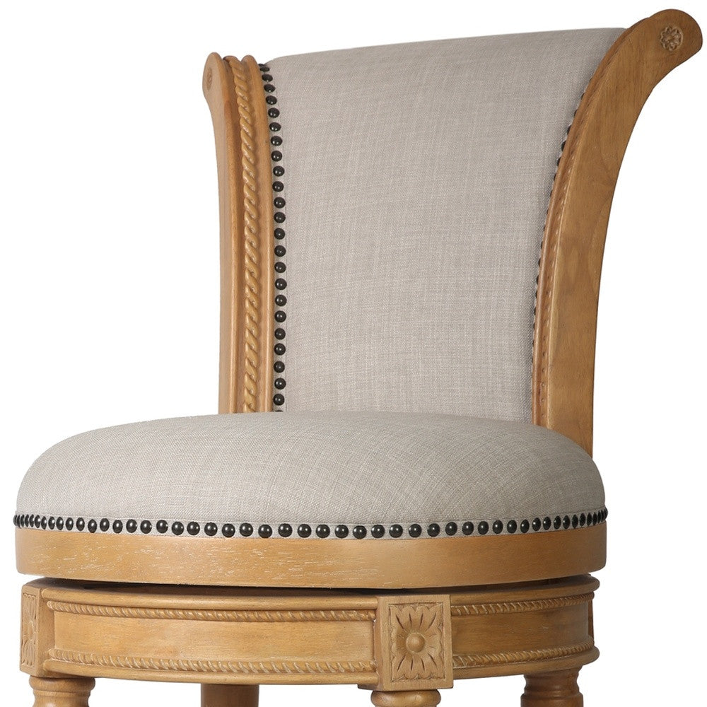 30" Beige And Natural Fabric And Solid Wood Bar Height Swivel Bar Chair