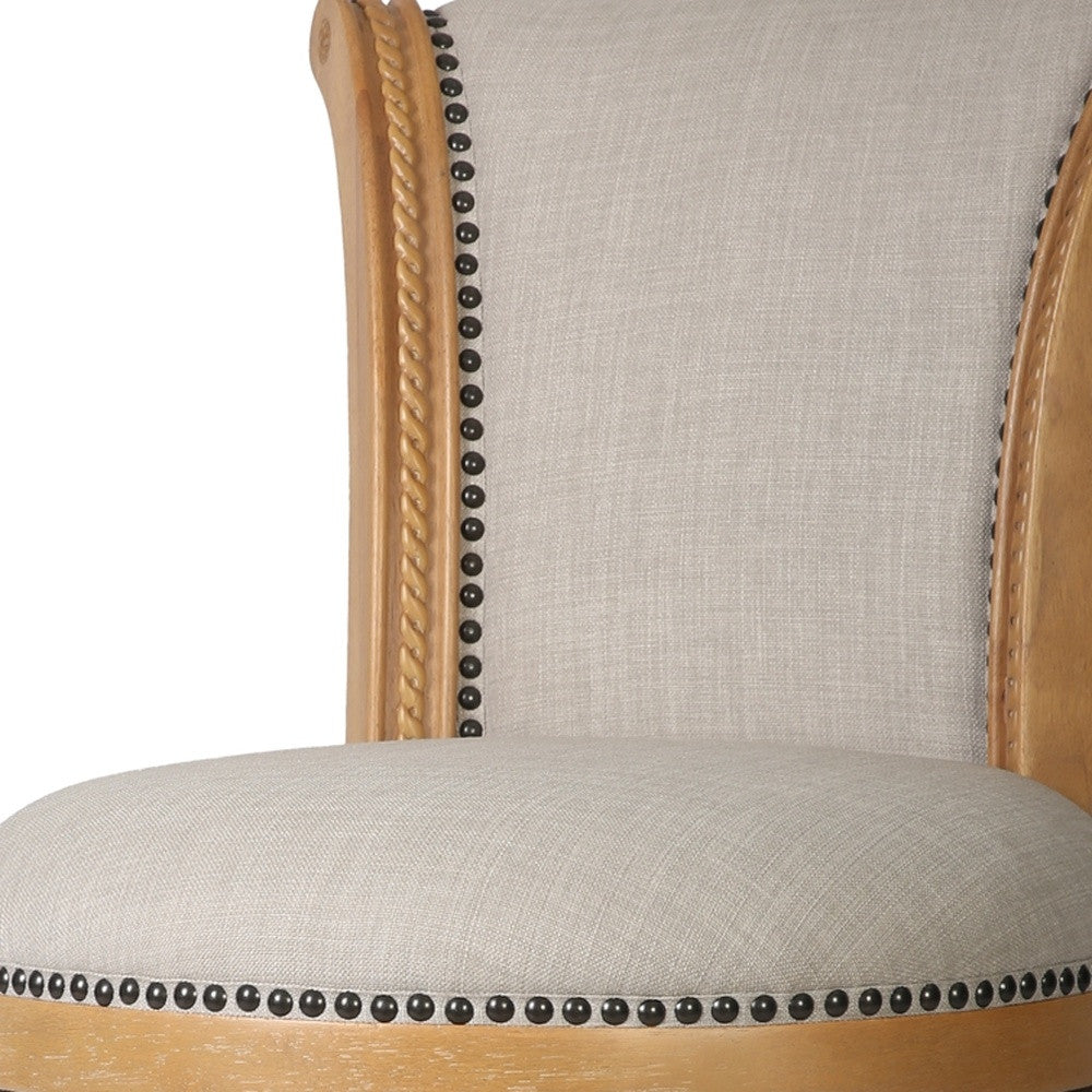 25" Beige And Natural Fabric And Solid Wood Counter Height Swivel Bar Chair